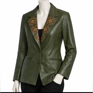 New NKN Nekane Fenti Olive Green Vegan Leather Jacket Embroidered Collar Size S